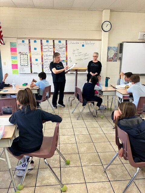 Gail Dent and Ann Banwell speak about writing to elementary school students